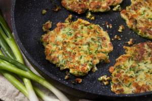NEW Spring Vegetable and Feta Fritters with Tomato Relish Protein 40.1g Carbs 25.1g Cal 368 GF